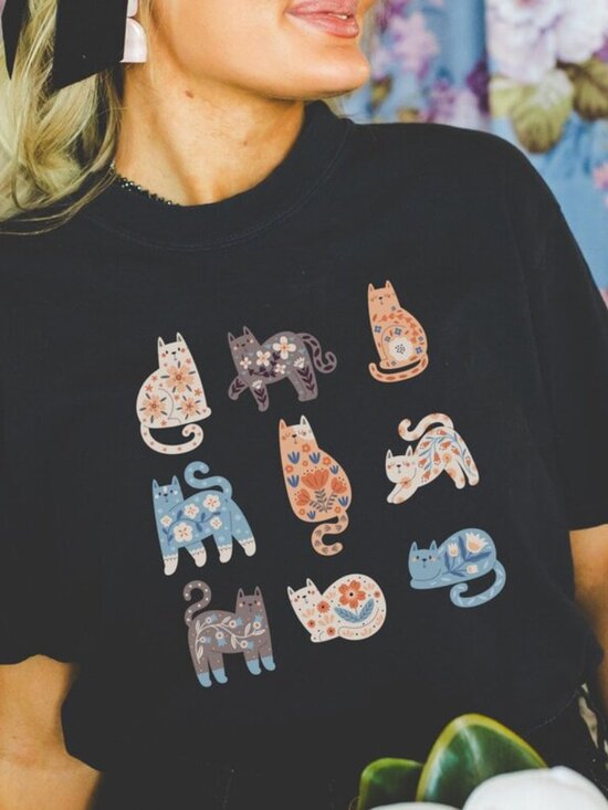 Tops - Cat Shirt, Floral Cat Tee, Gift For Cat Lover